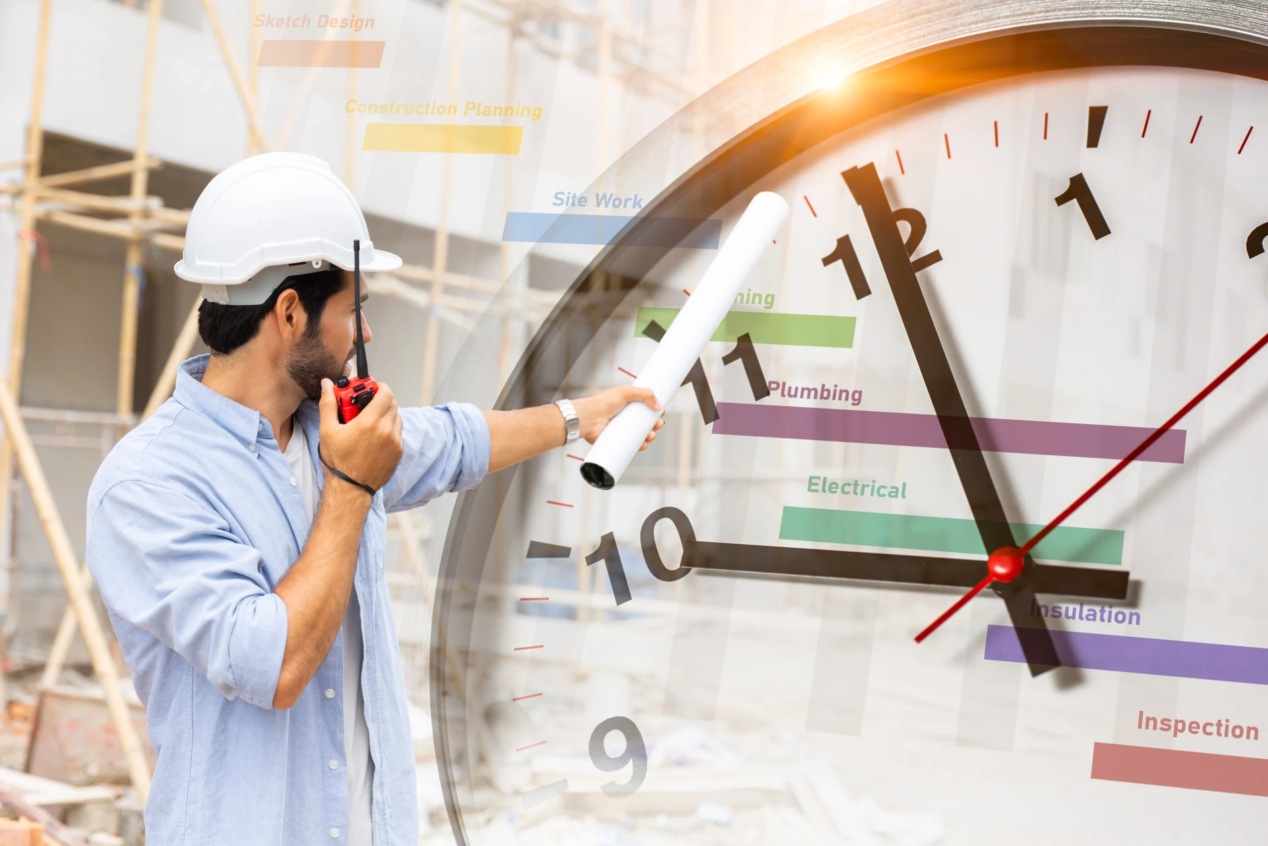Man in hardhat on walkie talkie and building plans with clock and building phases superimposed