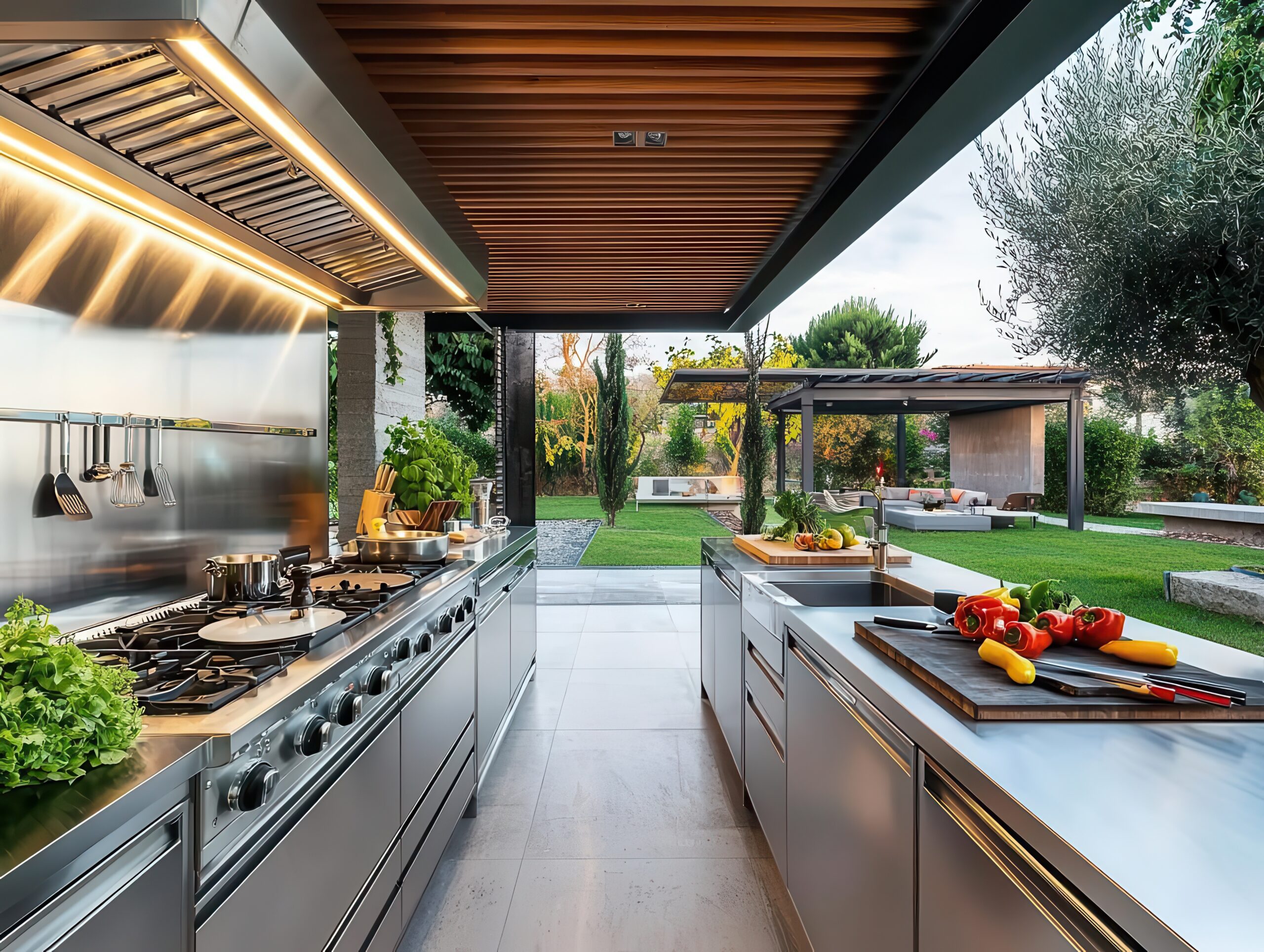 Openair modern kitchen with stainless steel surfaces, pergola cover, and contemporary urban outdoor living Smart Home Design